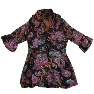Weavz Floral Foil Tapestry Jacket Women's Size Medium Black Pink Teal Ruffle
